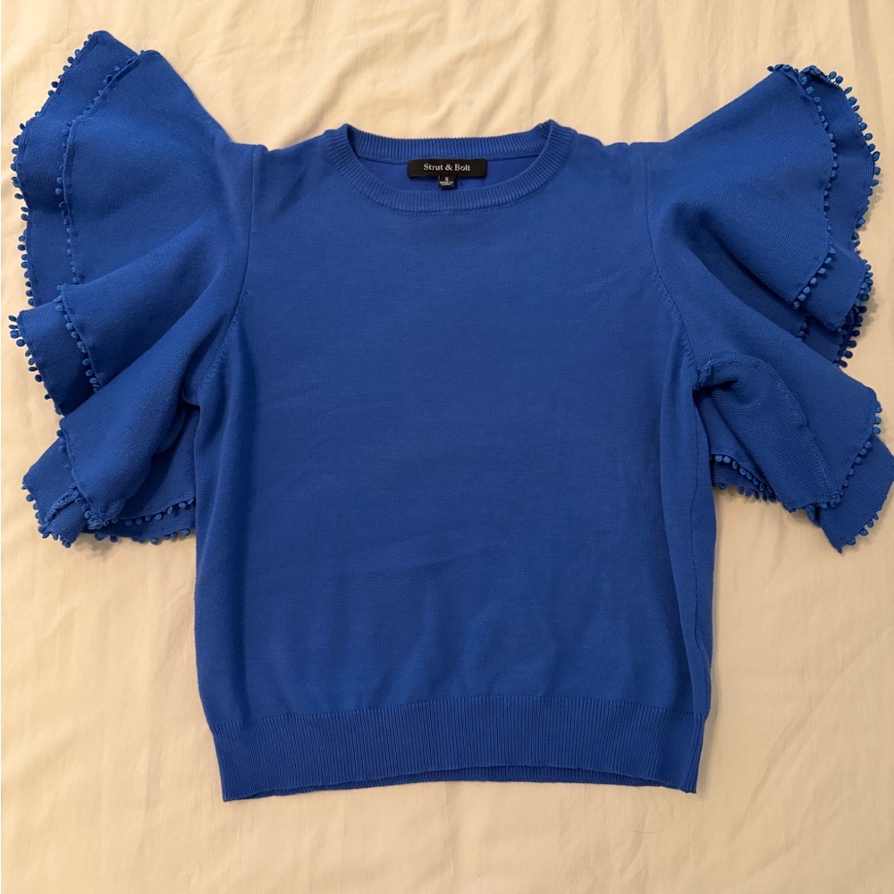 Blue Ruffle Short Sleeve Blouse